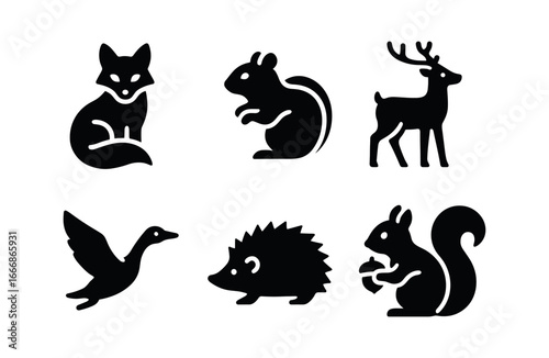 vector solid black filled icons leaf peeping season (wildlife): red fox chipmunk whitetail deer migrating goose hedgehog squirrel acorn.