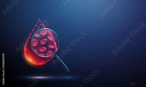 Blood drop with magnifying glass, red blood cells inside. Erythrocyte analysis, blood sample, testing, hematology analysis, medical diagnostics, health monitoring concept.