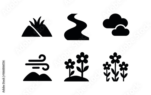 vector solid black filled icons hollow (valley): grassy slopes winding stream low hills clouds gentle wind flowers.
