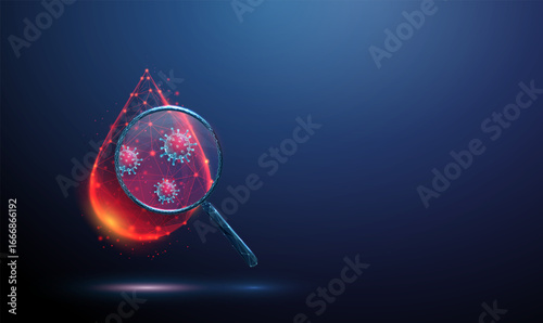 3 d drop of blood under a magnifying glass with red viruses inside. Concept of infectious diseases, pathogens, blood testing, viral diagnostics, and medical research