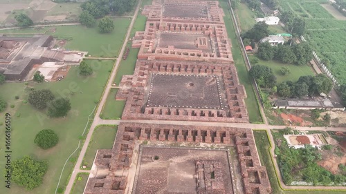 Aerial drone shot of the ancient ruins of Nalanda University in Bihar, India, UNESCO World Heritage Site and historic center of learning