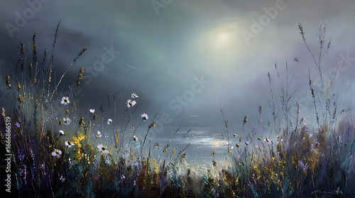 Fotografie wildflowers glowing in soft moonlight against a dark misty landscape with cool t