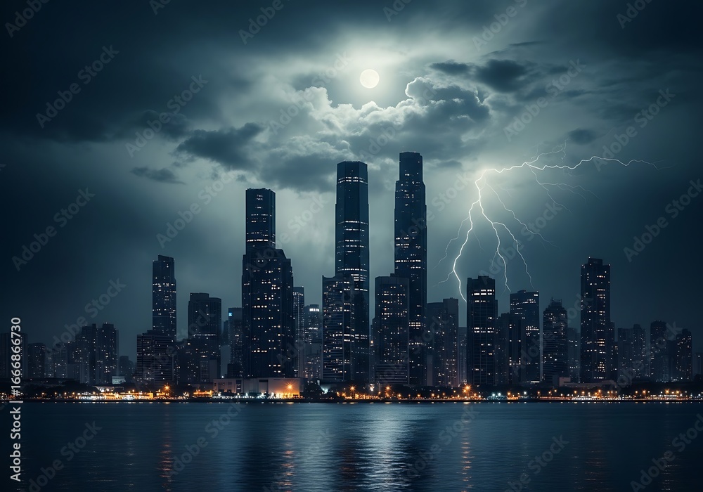 Fototapeta premium City skyline under a stormy night