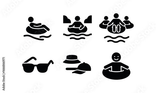 vector solid black filled icons river tubing (lazy river): gentle flow green banks floating group sunglasses hats smiles.