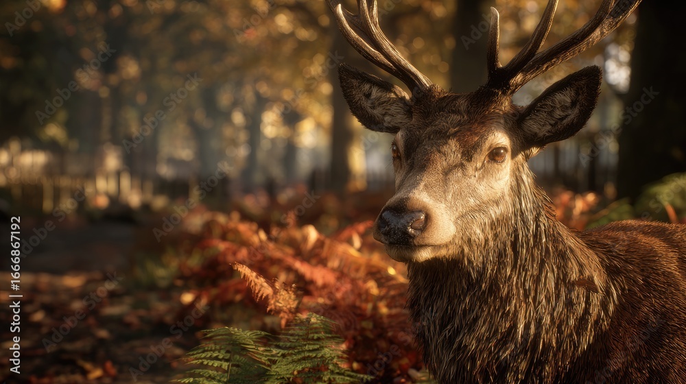 Fototapeta premium Close-up of a stag in an autumnal forest.
