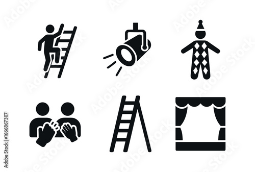 vector solid black filled icons ladder acrobatics (stage): performer climbing spotlight colorful costume audience clapping wooden ladder backdrop.