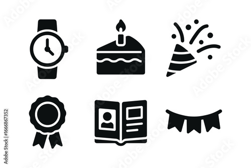 vector solid black filled icons transition to retirement (milestone symbols): gold watch farewell cake confetti popper milestone badge memory photo book farewell banner.