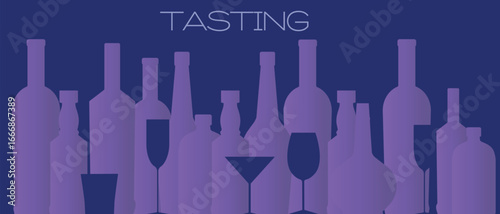 Wine list, wine tasting, sommelier design, flat illustration outline image of wine bottles, glasses. Gradient design, restaurant banner, party, bar poster, festival, booze, red wine, merlot