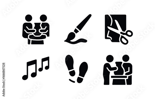 vector solid black filled icons season of mentoring (creative): pottery lesson brush work fabric cutting music notes dance step clay shaping.