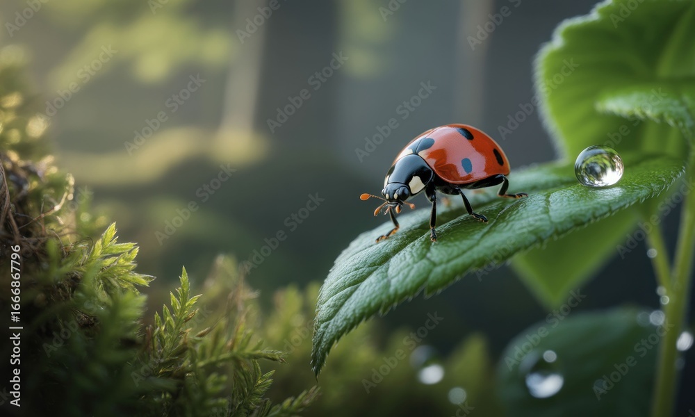 Obraz premium Ladybug on dewy leaf, forest backdrop