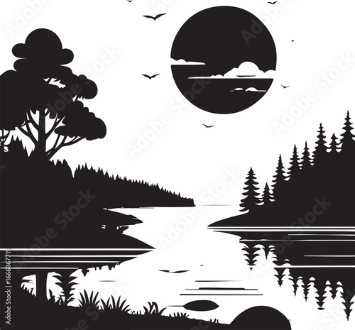 Black and white silhouette of a serene lake landscape with trees and a moon
