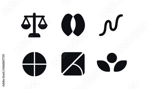 vector solid black filled icons fair mindedness (abstract): symmetry blended colors smooth lines balanced shapes warm light airy space.
