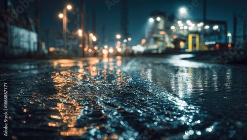 Nighttime industrial street, rain-slicked road