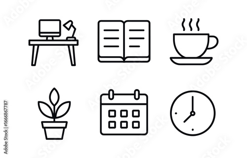 vector outline icons balance (daily life): work desk planner tea cup plant calendar clock.