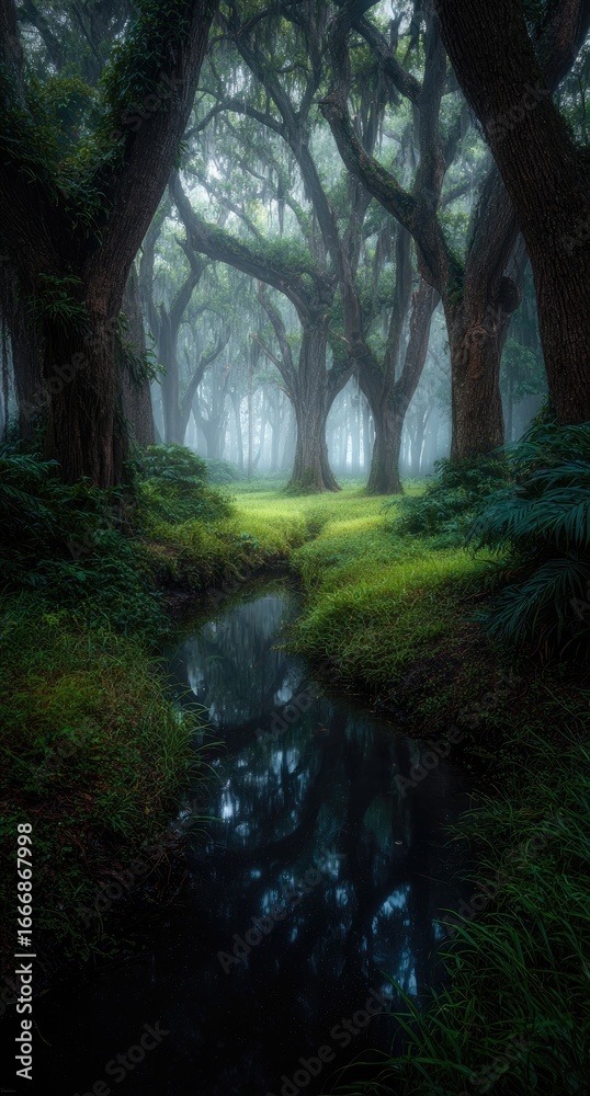 Fototapeta premium Misty forest path reflecting in a stream. Lush greenery, towering trees, and a tranquil atmosphere