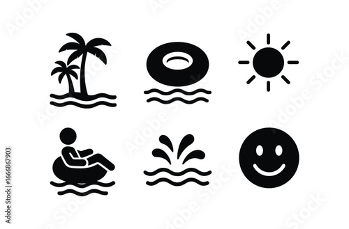 vector solid black filled icons river tubing (tropical): palm trees clear water bright tubes sunshine splashes laughter.