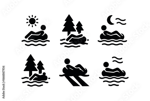 vector solid black filled icons river tubing (evening float): golden light calm current trees long shadows cool breeze ripples.
