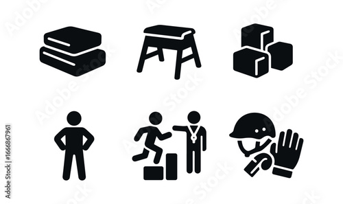 vector solid black filled icons urban freerunning (training): padded mats practice vaults foam blocks coach watching drills safety gear.