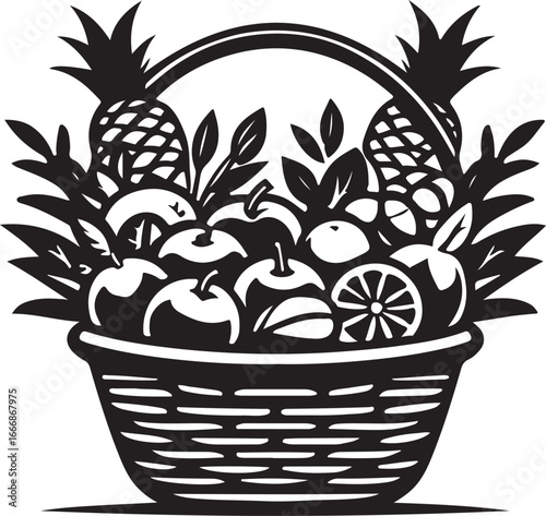 Black and white fruit basket with pineapples and oranges