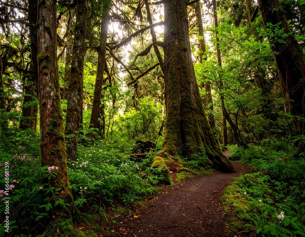 Fototapeta premium Lush forest path bathed in sunlight