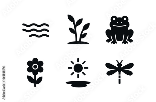 vector solid black filled icons vernal pool (spring bloom): water surface green shoots frogs flowers sunlight insects.