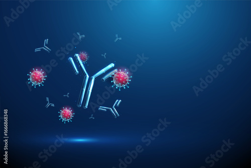 Flying blue 3d antibodies interacting with red viruses. Immune defense, immunotherapy, disease prevention, vaccination, pathogen neutralization, molecular biology concept