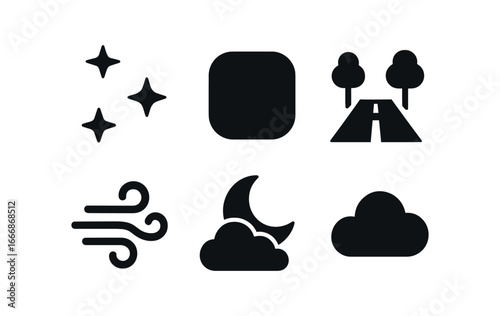 vector solid black filled icons changing skies (nightfall): stars appearing deep blue quiet street cool breeze moonrise calm.