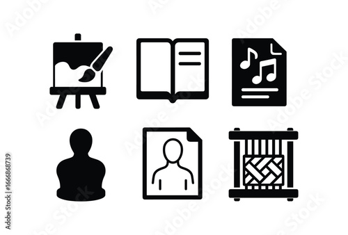 vector solid black filled icons faint hope (creative): painting in progress half filled journal music sheet clay figure sketch outline weaving loom.