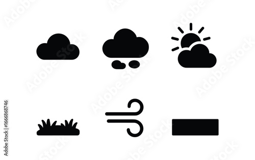vector solid black filled icons changing skies (cloud drift): blue sky fluffy clouds sunlight beams meadow breeze open view.