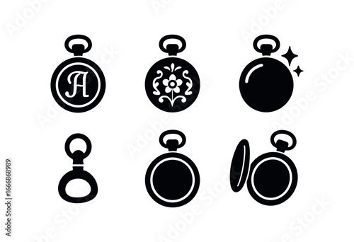 vector solid black filled icons pocket watch (engraved): initials floral design polished metal clasp case back shine.