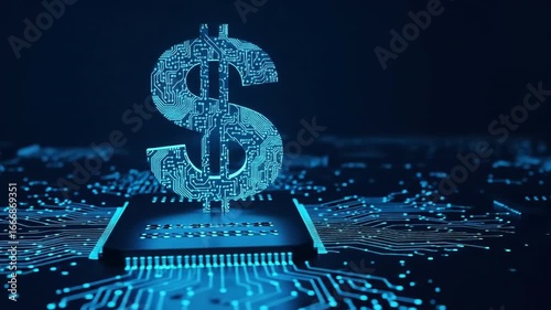 Glowing dollar symbol hovers above a microchip creating a futuristic technology financial illustration Digital money transfers are revolutionizing economic systems worldwide