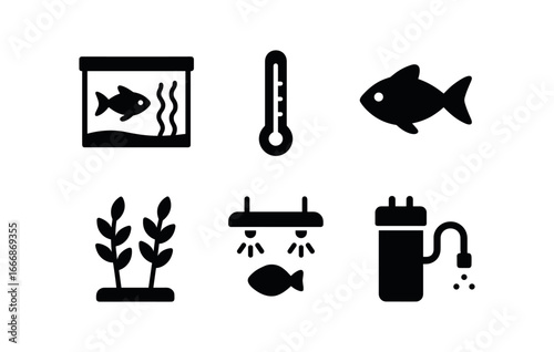 vector solid black filled icons ichthyologist (aquarium study): tanks thermometers fish plants lights filter system.