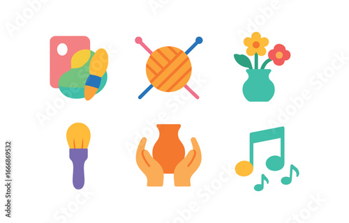 vector colorful filled icons gentleness (creative): watercolor wash knitting flower arranging soft brush clay shaping light music.