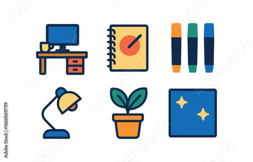vector colorful filled icons ease (creative space): tidy desk sketchbook colored pens soft lamp plant pot clean walls.