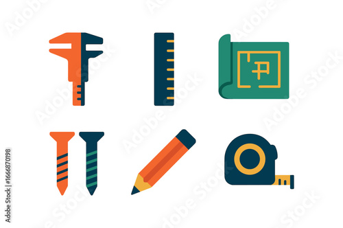 vector colorful filled icons ruler set (engineering use): caliper steel ruler plans screws pencil measuring tape.