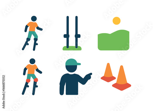 vector colorful filled icons stilt walking (practice session): plain clothes training poles open field safety pads coach cones.