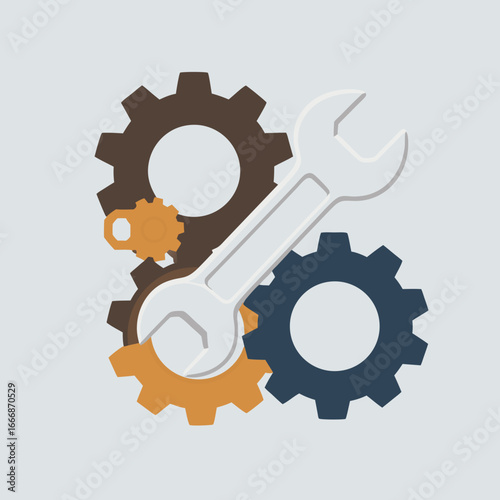 A flat design vector illustration of a white wrench tool over brown orange and blue mechanical gears.