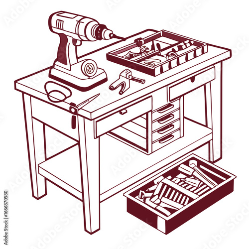 A detailed line art illustration of a carpenters workbench with a power drill and tool trays.