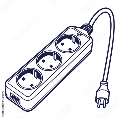 A minimalist line art illustration of a threesocket Schuko power strip with a USB port.