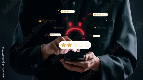 A person in a dark suit is reviewing a bad customer rating on a smartphone