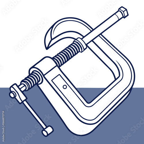 A stylized blue line art illustration of a Cclamp a woodworking tool with a threaded screw and handle.
