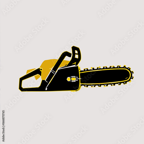 A stylized black and yellow chainsaw illustration with a bold outline shown in a side view profile.