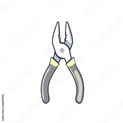Cartoon illustration of combination pliers with serrated metal jaws and grey insulated handles.