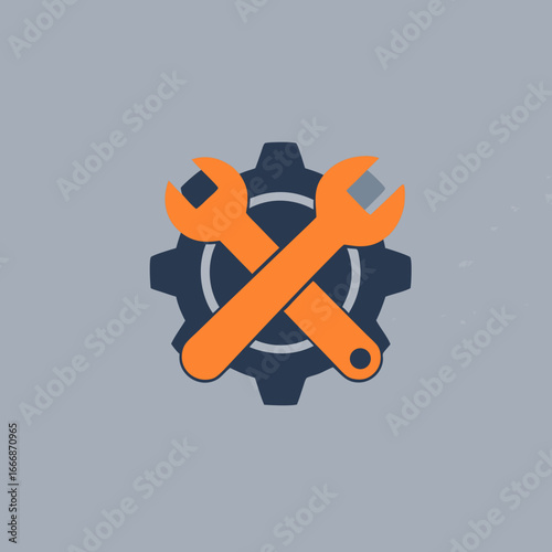Crossed Orange Wrenches Over Dark Blue Gear Symbol.
