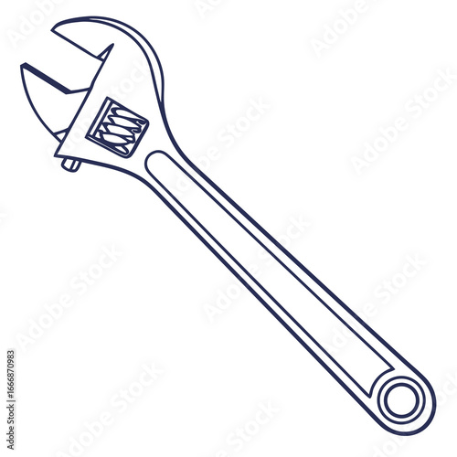 Contour illustration of a classic adjustable wrench with open jaws and a long handle.