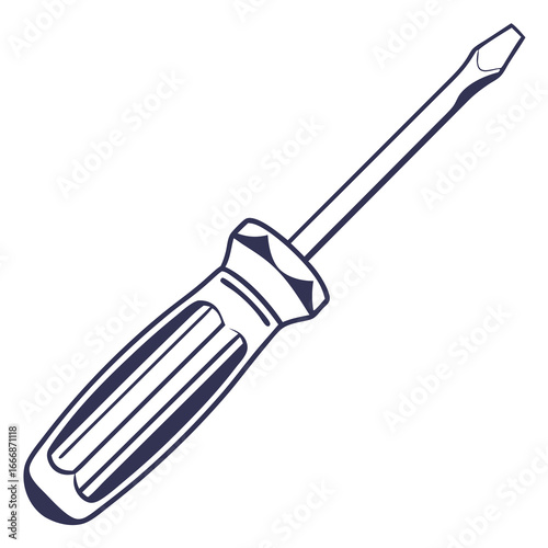 Detailed flathead screwdriver line art illustration with ribbed handle and dark blue outline.