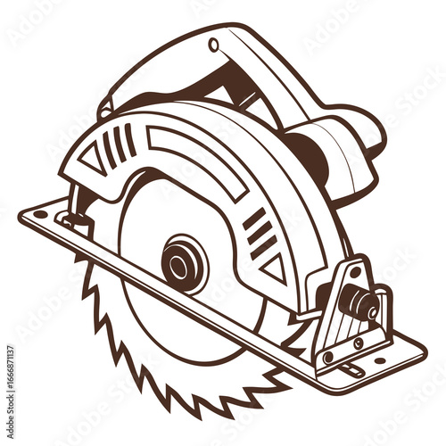 Detailed Line Art Illustration of a Circular Saw Tool.