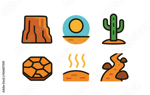 vector colorful filled icons bluff (desert scene): sandstone cliff dry ground clear sky cactus warm air rocky path.