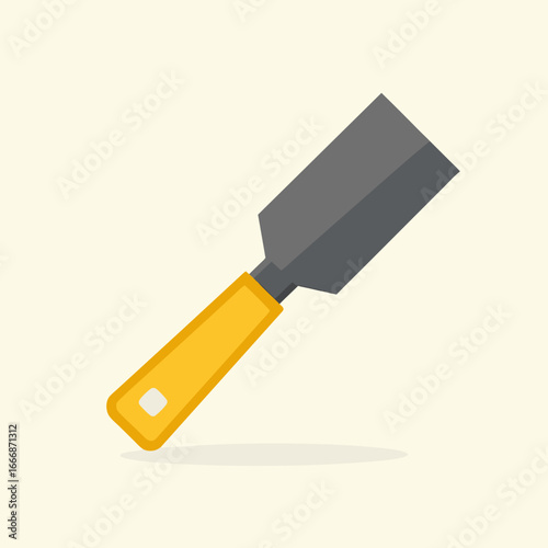 Flat design wood chisel with sharp grey blade and bright yellow handle angled simple tool.