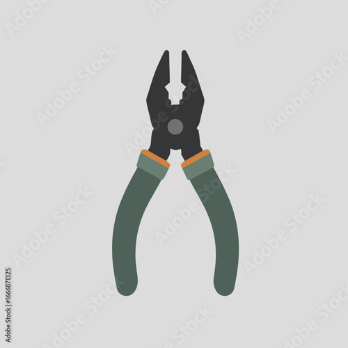 Flat vector illustration of black pliers with dark green handles and orange accents.
